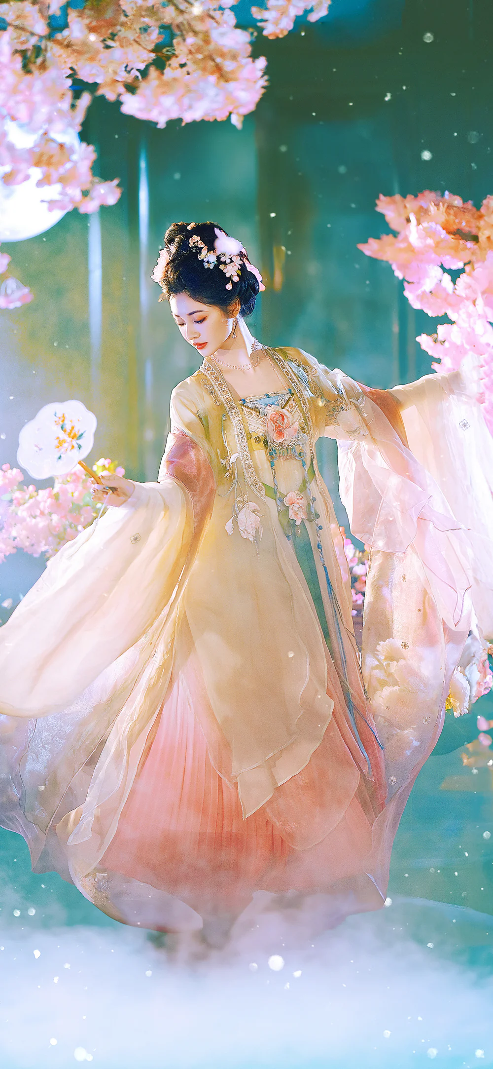 Chinese Beauty Dancing Under the Moonlight in Hanfu Dress