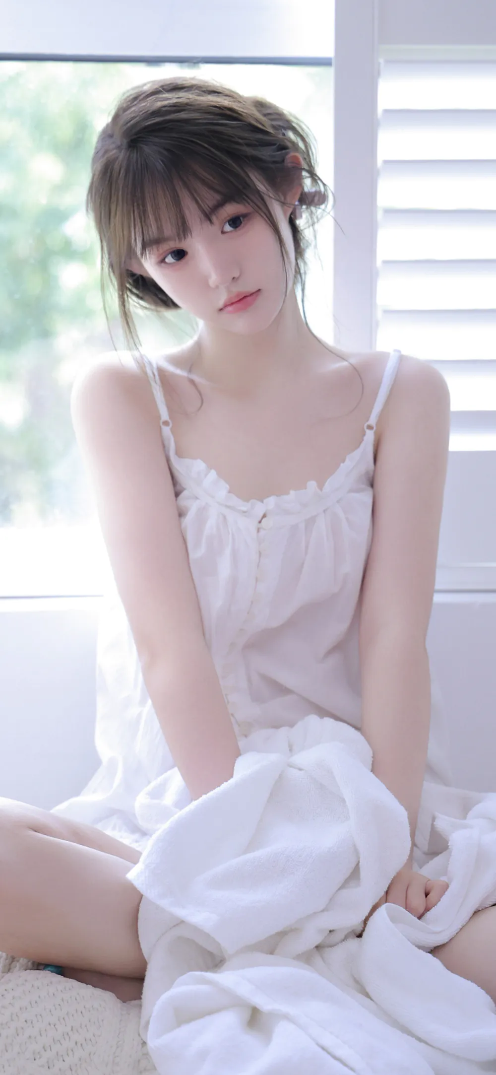 Cute Girl Cozy Home White Lingerie Sleepwear Mobile Wallpaper