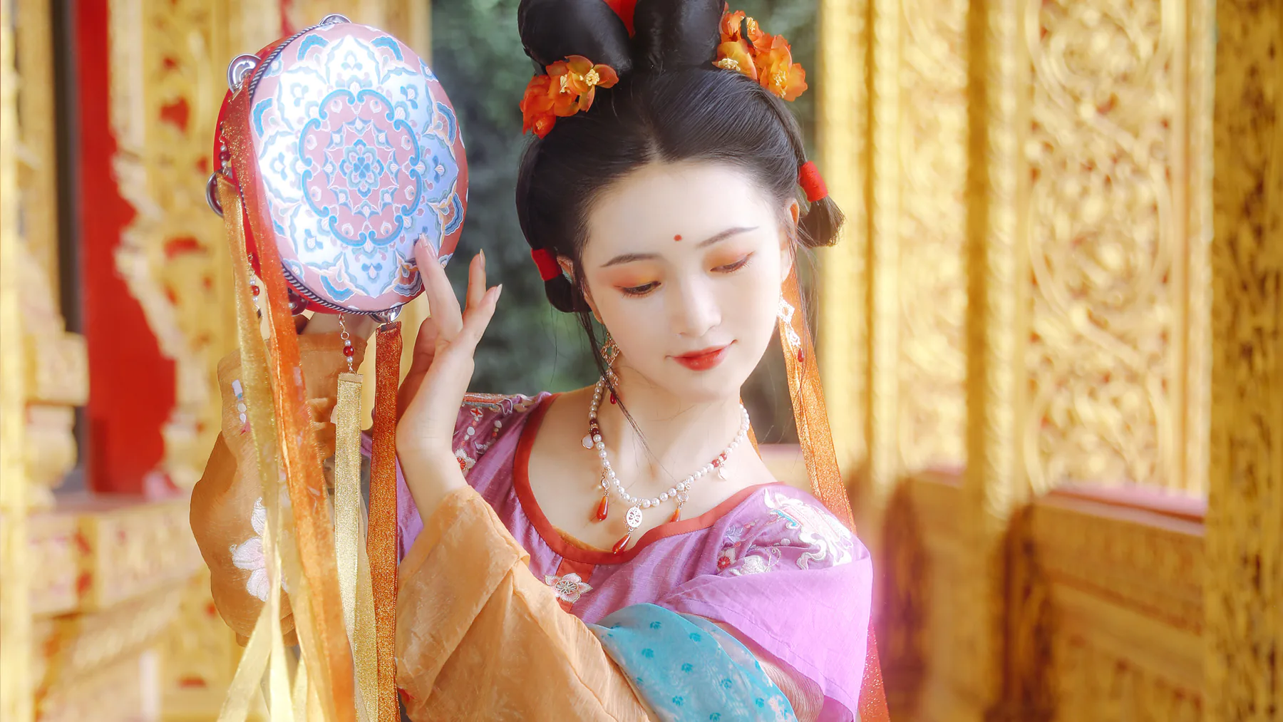 Elegant Asian Woman in Traditional Attire Oriental Aesthetic Wallpaper
