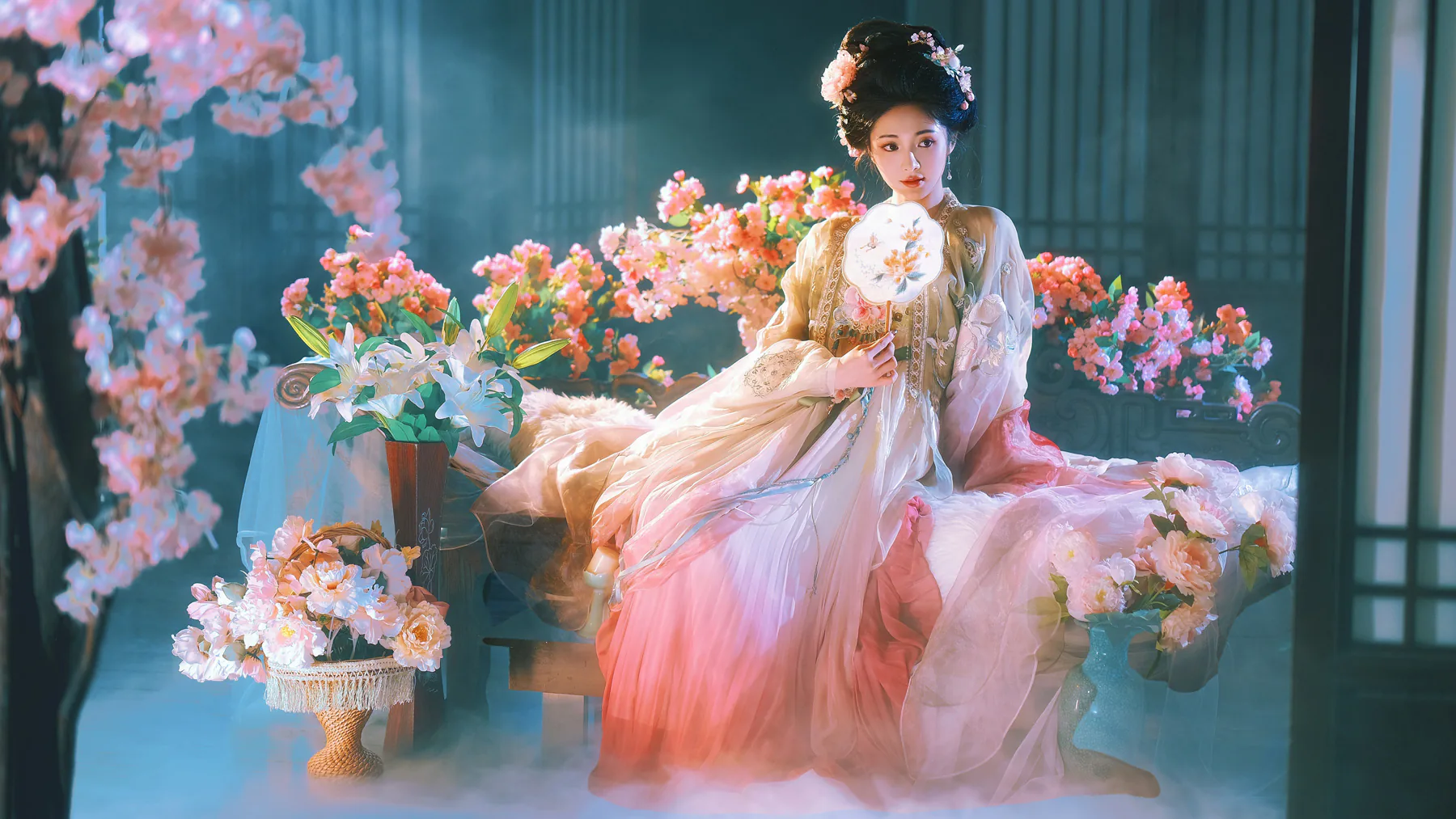 Fairy Zhou Jieqiong in Pink Hanfu Dress with Flowers 4K Wallpaper