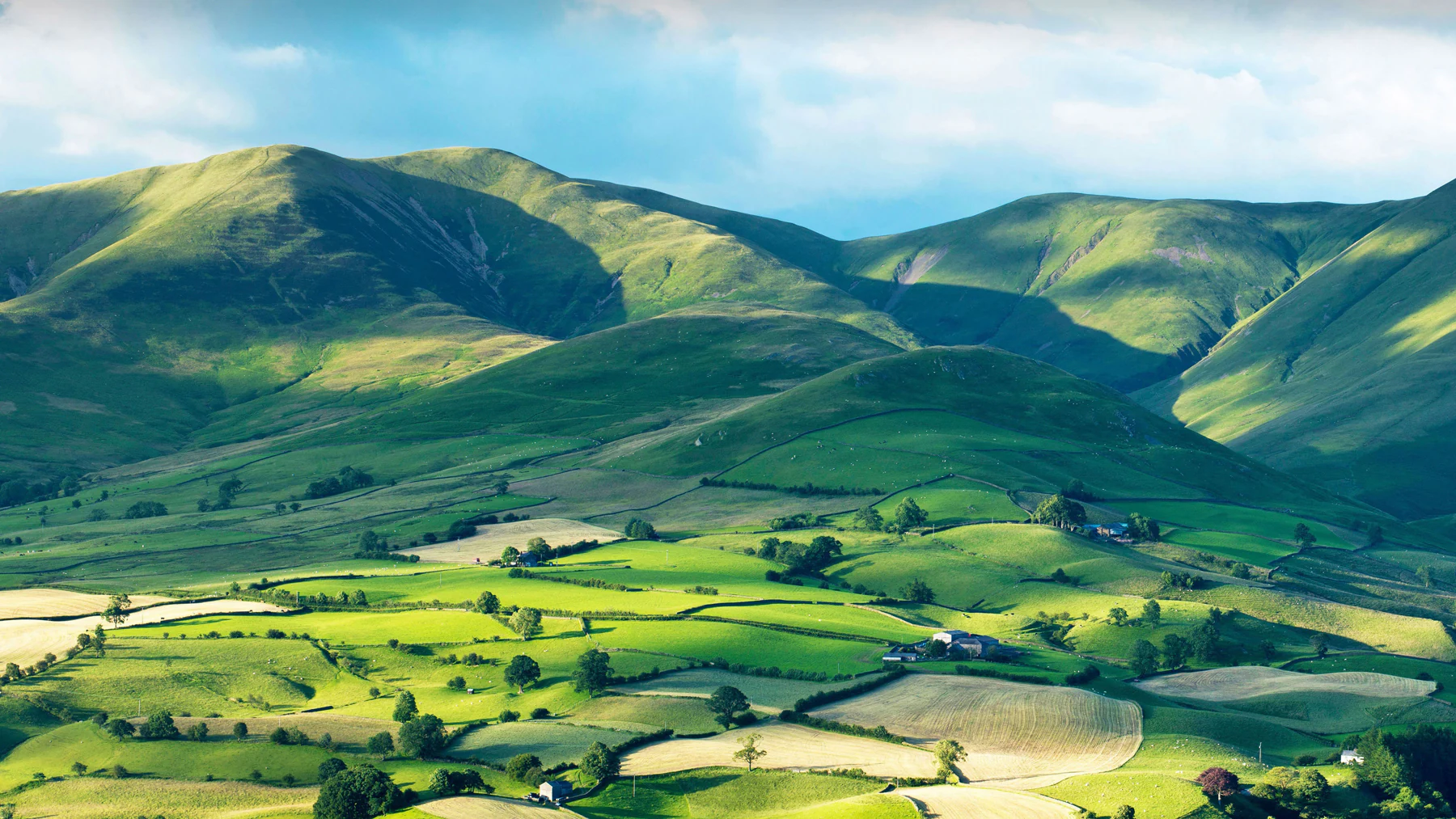 Green Rolling Hills Under Bright Blue Sky Serene Nature 4K Wallpaper