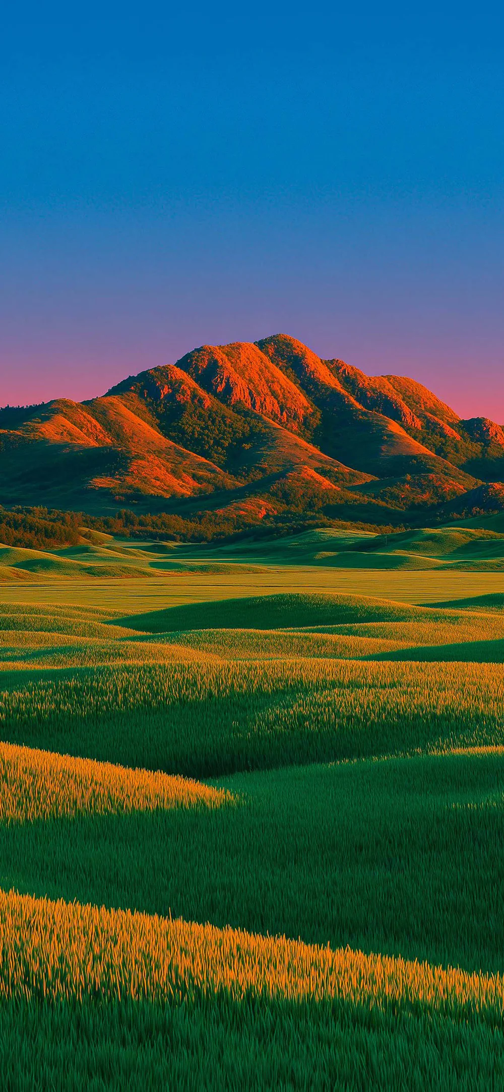 Lush Fields and Majestic Mountain Golden Hour Landscape Wallpaper