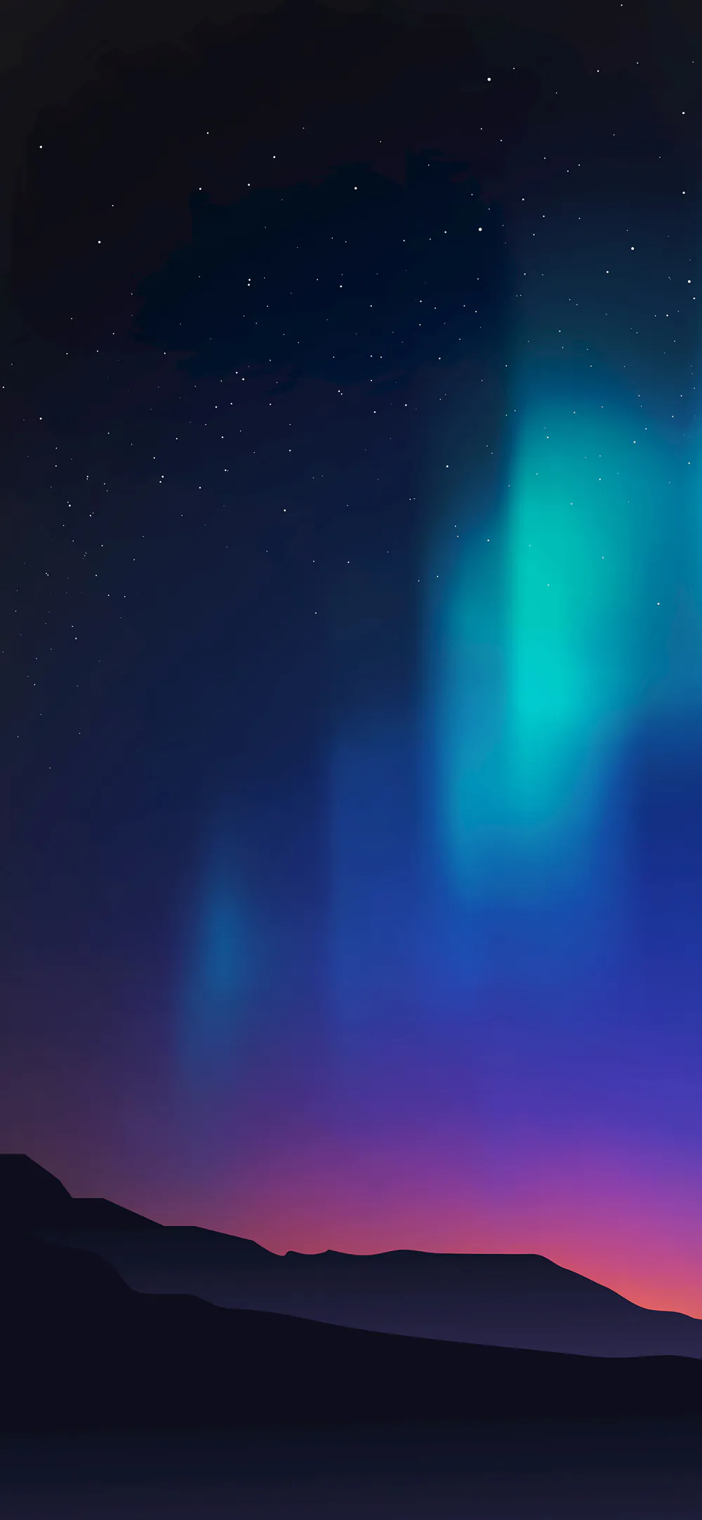 Magical Green and Blue Aurora in a Night Star Sky with Mountain