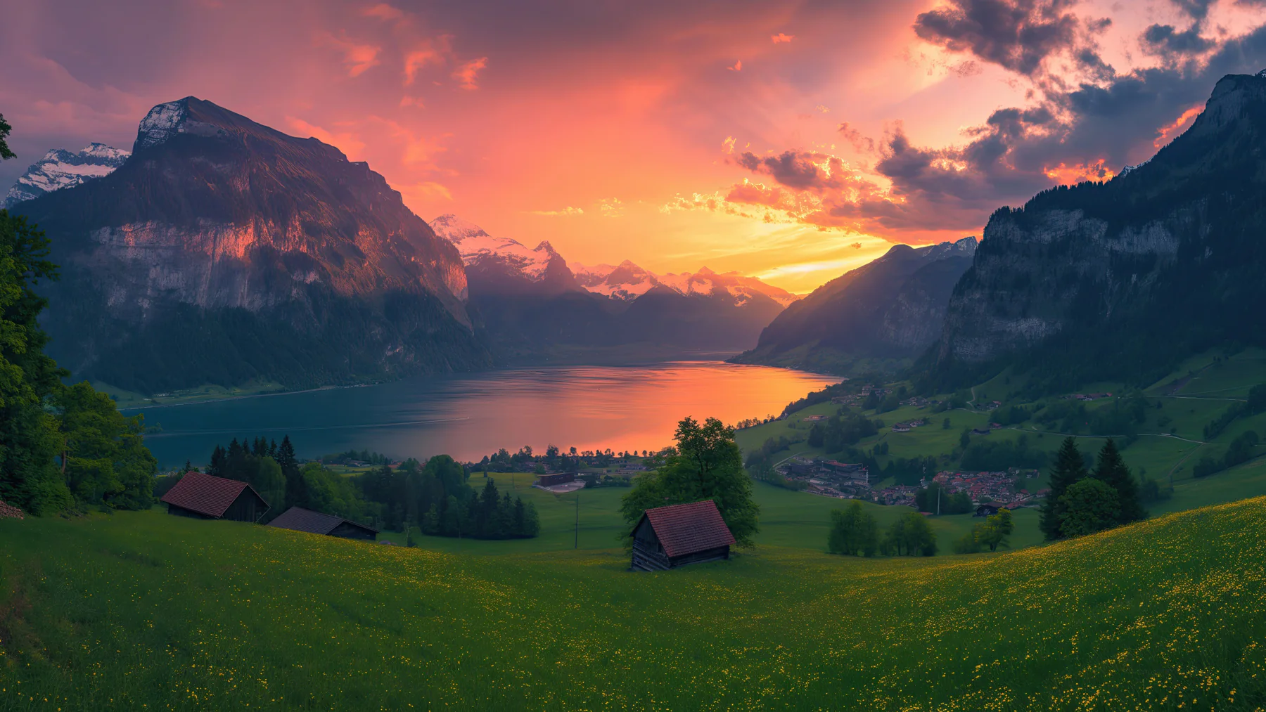 Peaceful Valley Sunset Landscape with Mountains Lake and Wildflowers