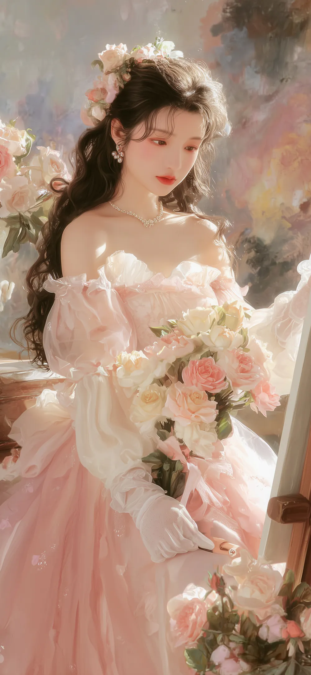 Ethereal Young Girl Artist in Pink Tulle Gown Classical Wallpaper