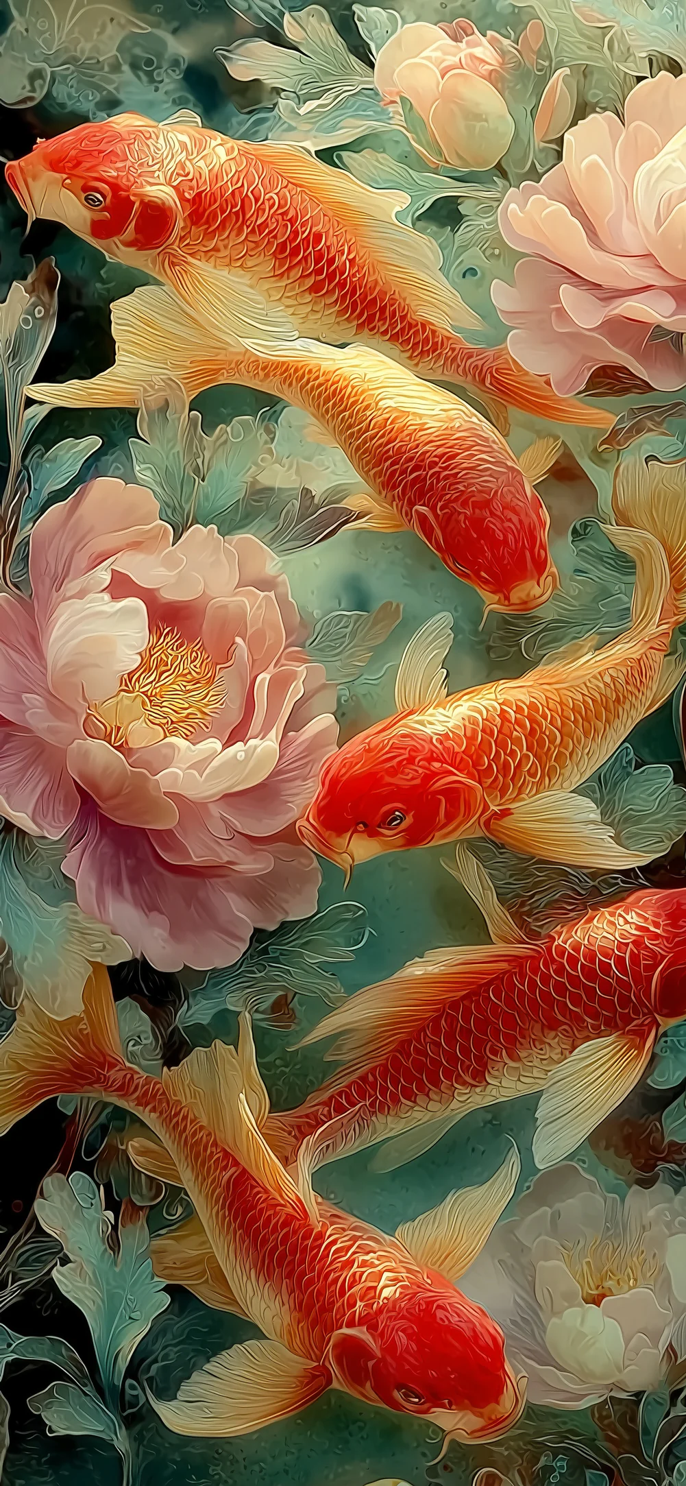 Watercolor Style Vibrant Koi & Pastel Peonies Art Wallpaper